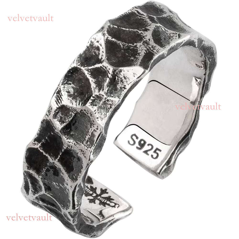 Real Sterling Sier Mens Rings Open Type Hammer Pattern Retro Punk Jewelry