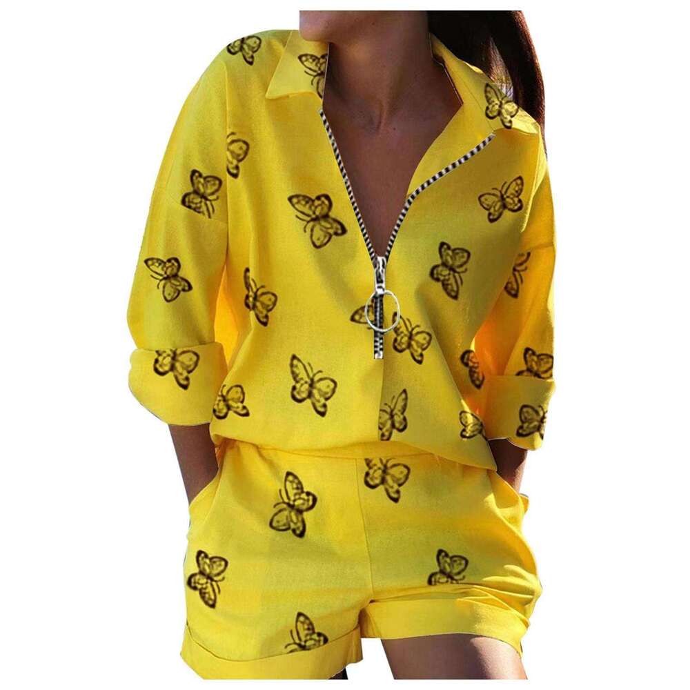 2025 Summer New Women's Long Sleeve Printed Zipper Top and Shorts Two-Piece Set