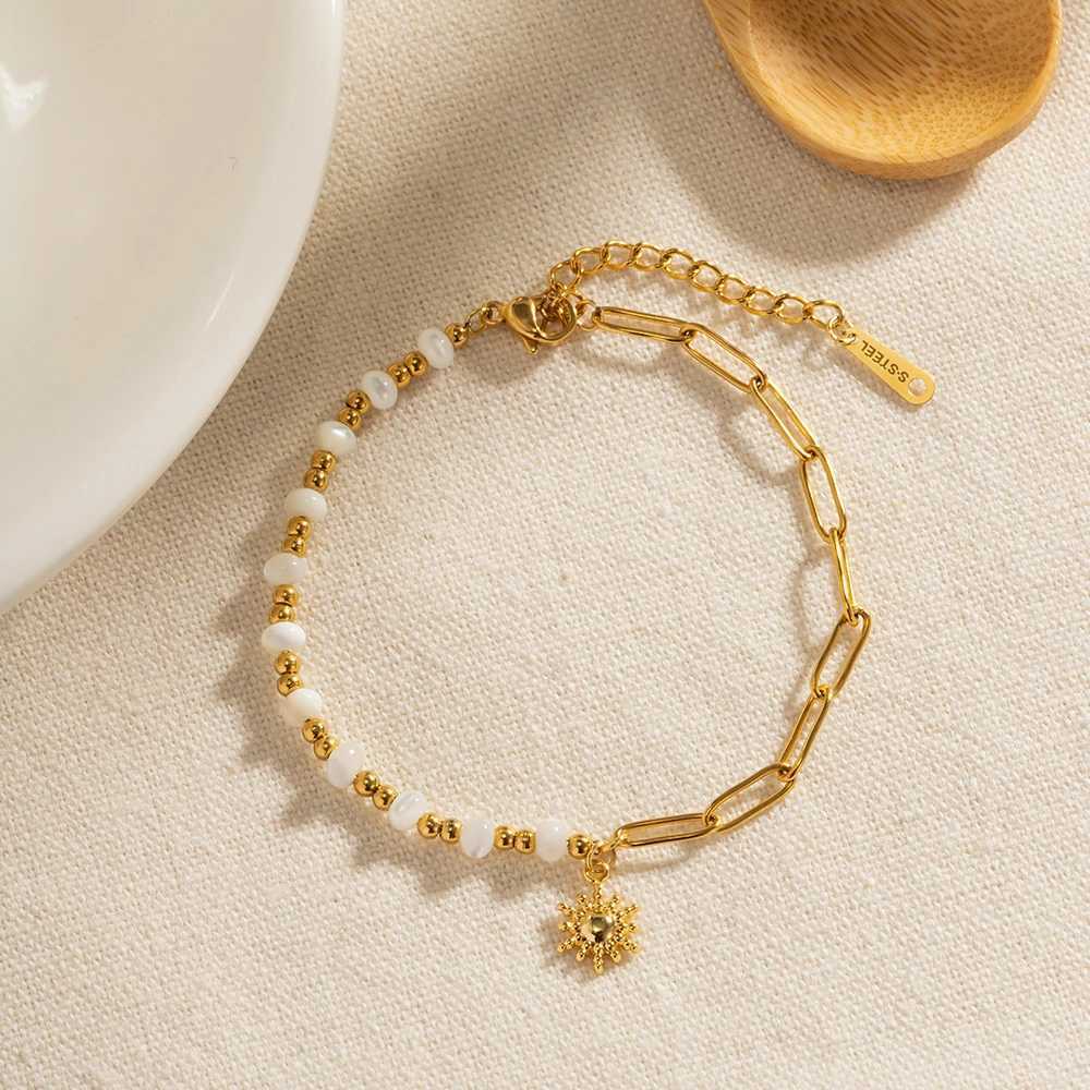 Simple Trendy Stainless Steel Sun Pendant Bracelet For Women Paperclip Chain Stitching Beads Waterproof Jewelry Vacation Gift W250526