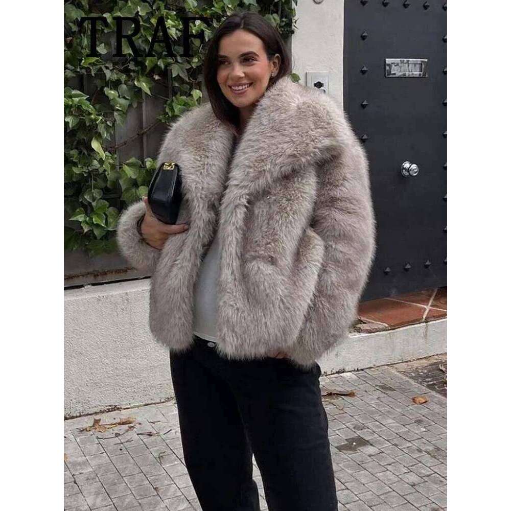 TRAF Faux Fur Cropped Jackets For Women Coats Thick Warm Soft Jacket Woman 2024 Long Sleeve Casual Winter Coat In New Outerwear