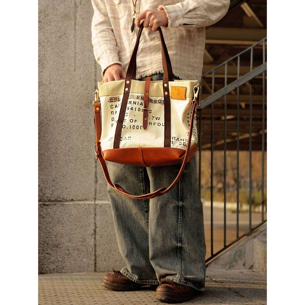 Vintage Handmade High-Quality Canvas Genuine Leather Men's Tote Weekend Shopping Shoulder Bag Large Capacity Big Handbag