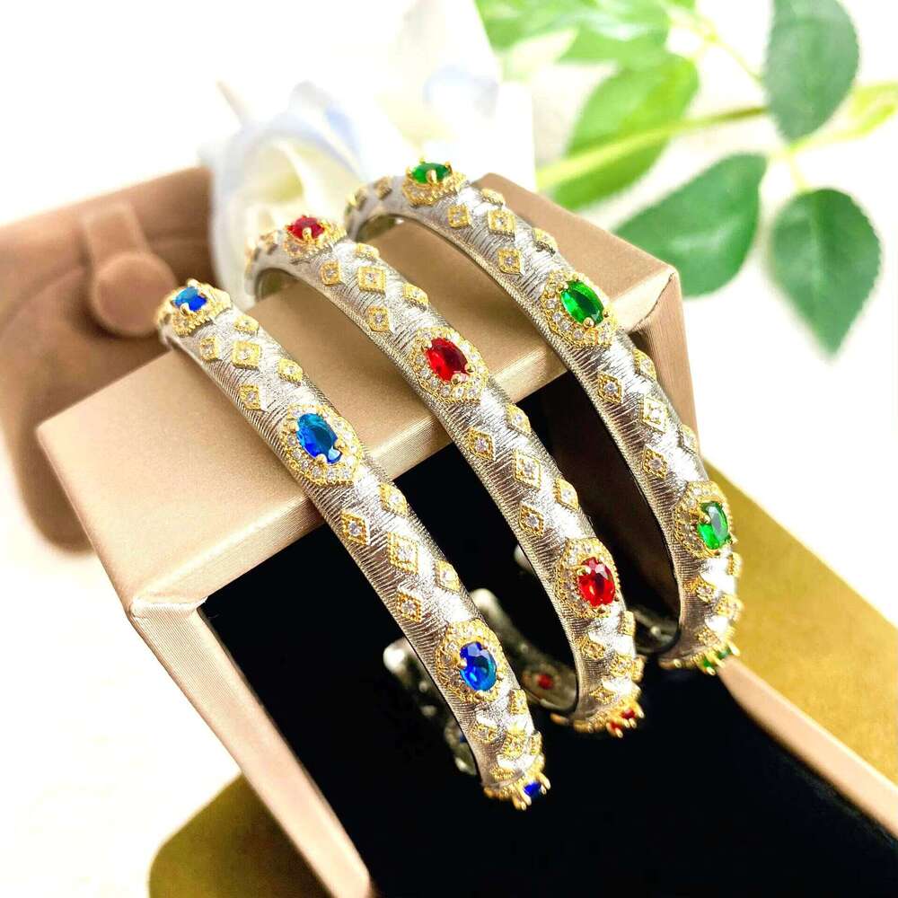 Custom Cuff Women Bangle Double Color Gold Plated Italian Brati Style Brushed Vintage With Zircon Adjustable Wholesale