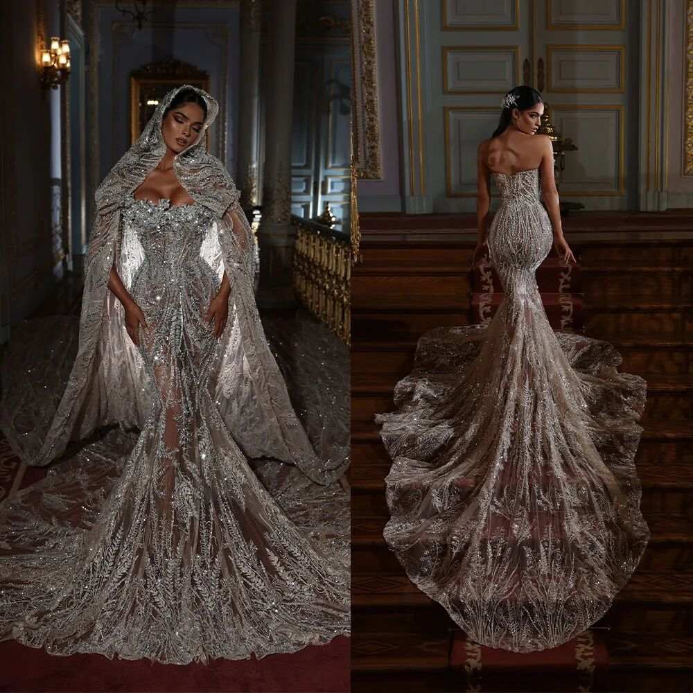 Luxury Exquisite Mermaid Wedding Dresses Beads Crystals Bodice Long Sleeves Backless Sweep Train Custom Made Plus Size Bridal Gown Vestidos De Novia