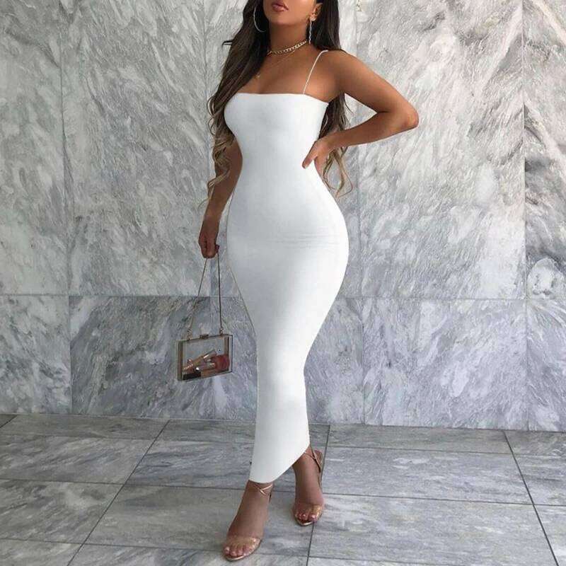 Hot Tight Dresses Summer Sexy Dress Women Streetwear Sleeveless Solid Spaghetti Strap Bodycon Casual Clubwear Elegant Party Dresses Casual Knee Length