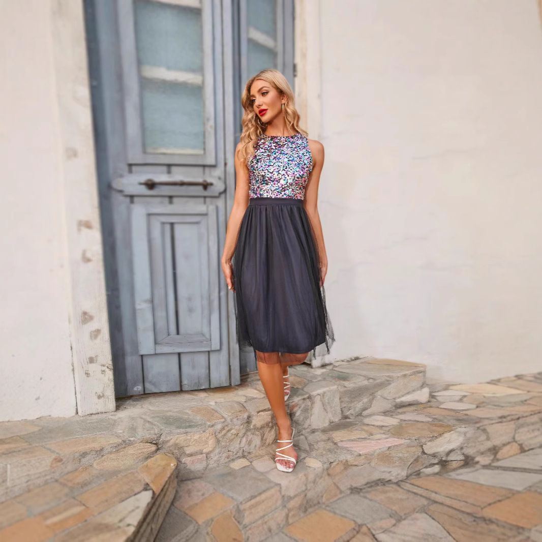 Elegant sequined lace sleeveless short skirt for summer new womens clothing sleeveless