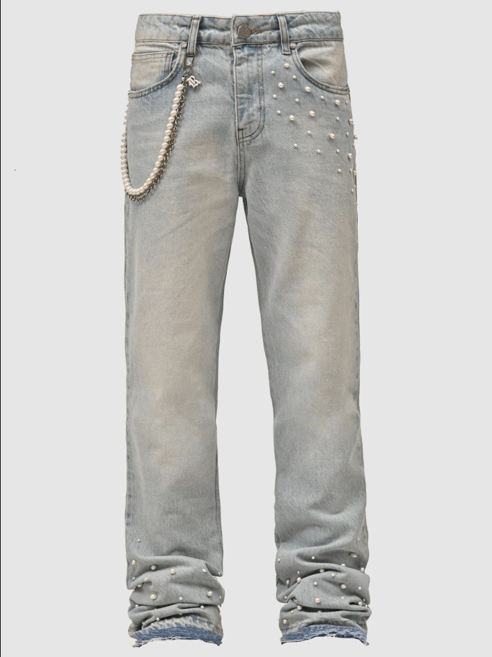 New men's street fashion ins elastic diamond studded denim straight leg pants