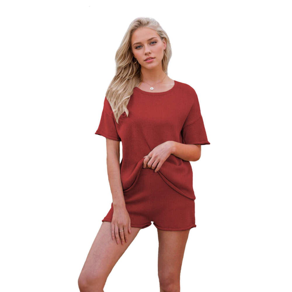2025 New Summer Women's Loose Round Neck Casual Short Sleeve Shorts Set Knit Top