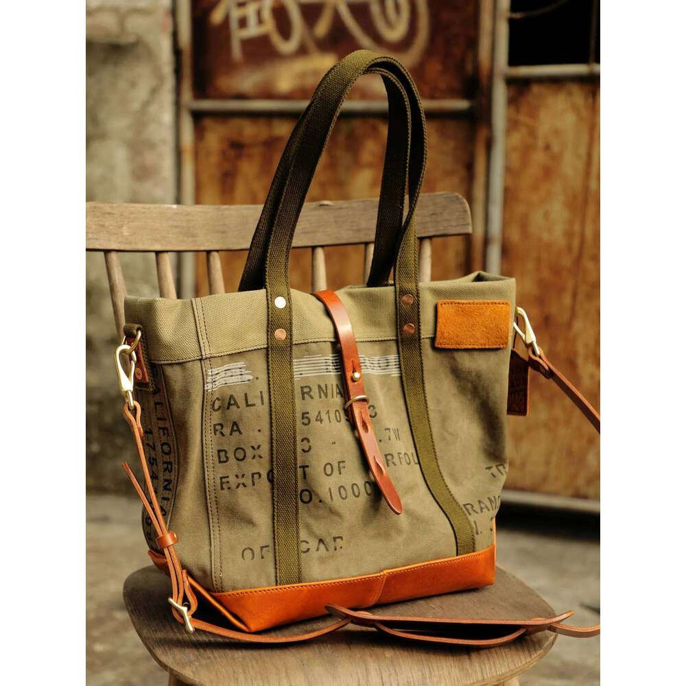 Vintage Handmade High-Quality Canvas Genuine Leather Men's Tote Weekend Shopping Shoulder Bag Large Capacity Big Handbag
