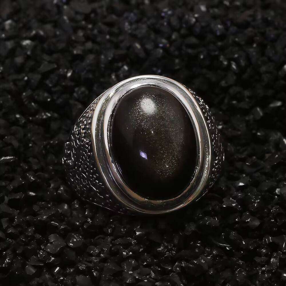 Sterling Sier Natural Golden Obsidian Ring for Men Engraved Tree Authentic Gemstone Turkish Rings Vintage Female Jewelry
