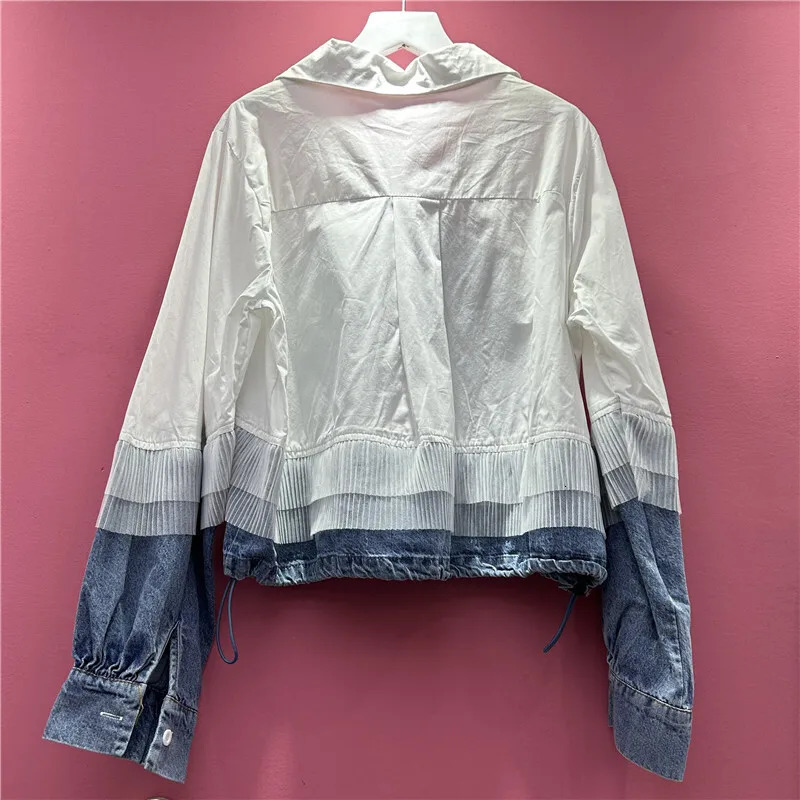 DEAT Womens Shirt Loose Patchwork Denim Drawstring Single Breasted Long Sleeve Casual Blouse Summer 2025 Fashion 29A760 250523