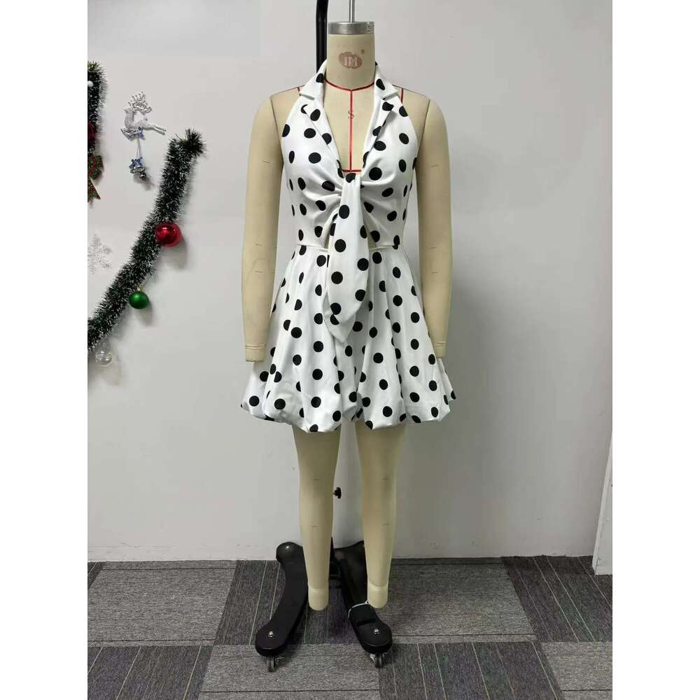 Women Poken Dot Printed Bowknot Deep V-Neck Sleeveless Big Swing Dress 2025 Beach Holiday Party Vestidos Sexy Dresses