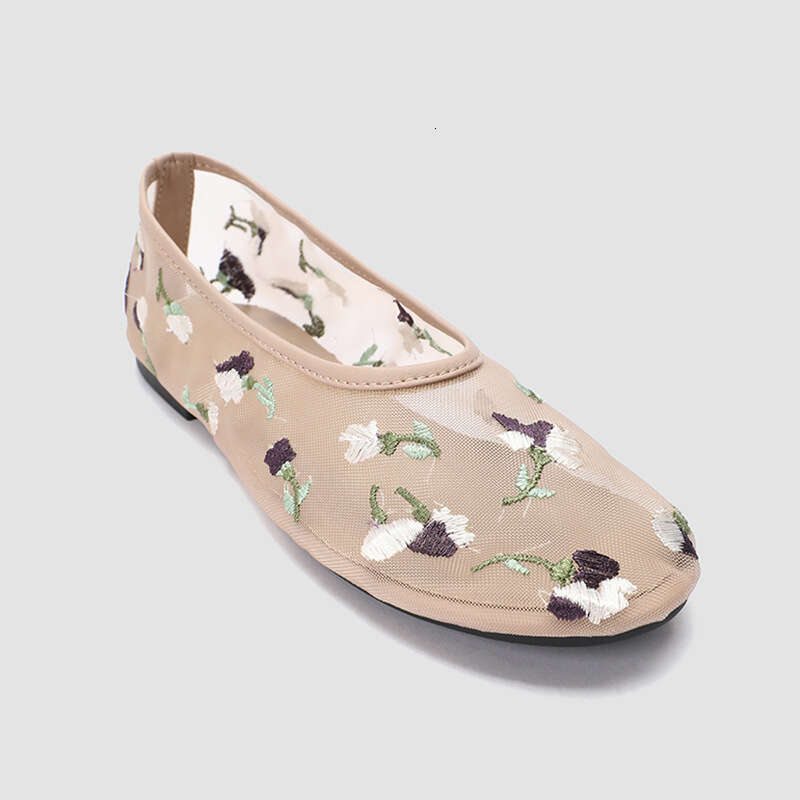 2025 Summer New Mesh Embroidered Round Toe Shallow Mouth Flat Women Ballet Rhinestone Single Shoes
