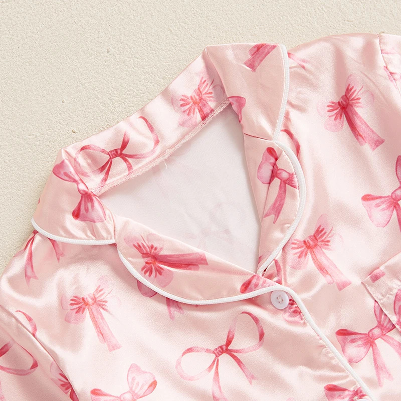 Adorable Baby Girl Silk Pajama Set with Cute Bow Print Stylish Long Sleeve Lapel Button Down Shirt and Matching Pants for Cozy 250527