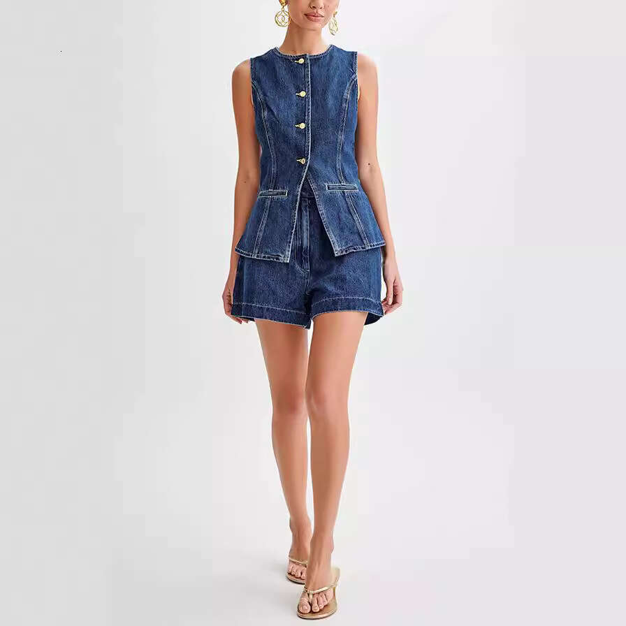 2025 Summer Fashion Casual Sleeveless High-Waisted Women's Set with Denim Shorts