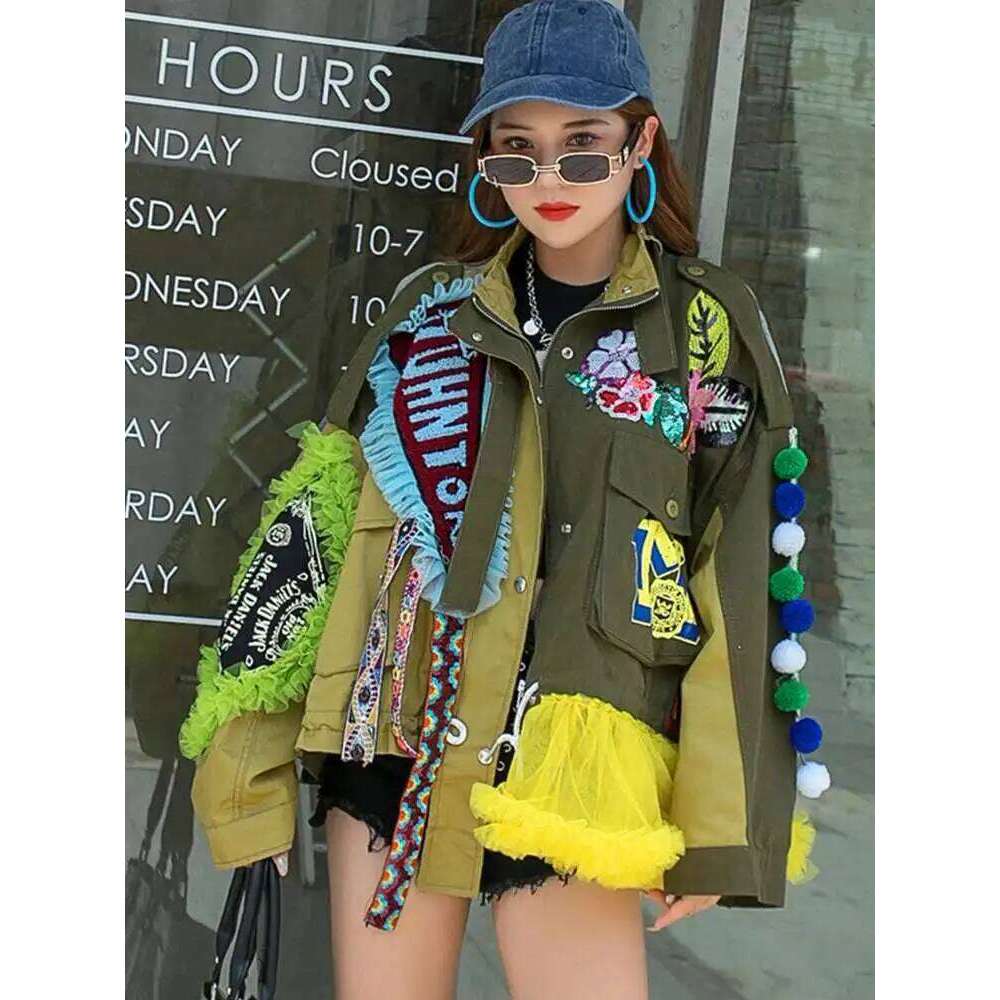 IEQJ Street Style Embroidery Lace Spliced Contrast Color Irregular Jackets For Women 2023 Spring Long Sleeve Loose Coat Cp1128