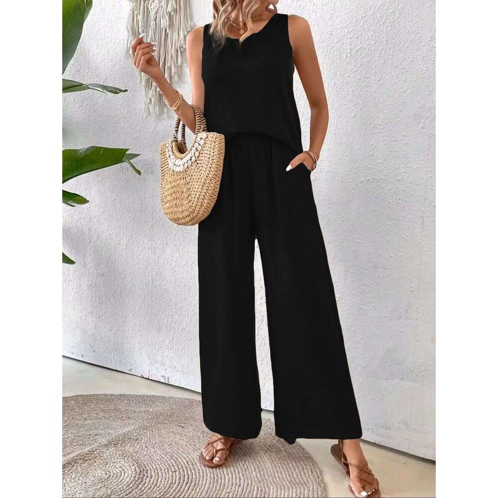 2025 New Summer Sleeveless Solid Color Backless Lace Trim Set Women's Fashion