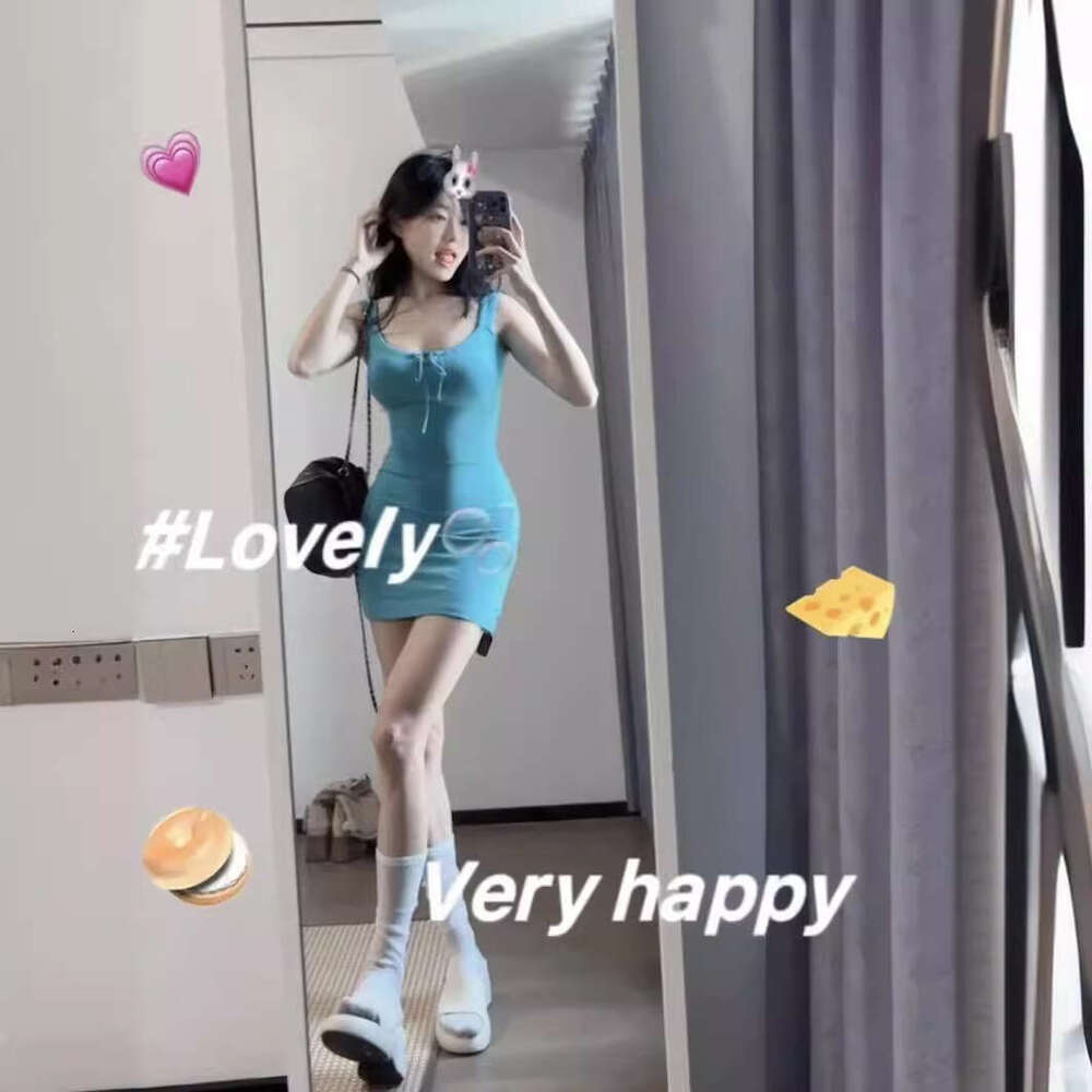 Spicy Girl High Waist Drawstring Bowknot U-neck Vest Pure Desire Bodycon Short Slimming Pear-shaped Body Outfit Dress