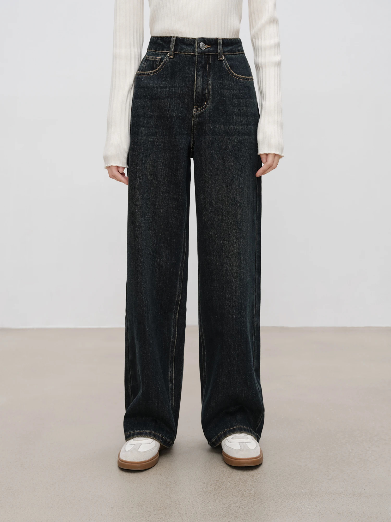 ZIQIAO Women Winter Thicken Jeans High Waist Full Length Retro Denim Blue Straight Plush Thick Female Pants 24ZQ94234 250516Z