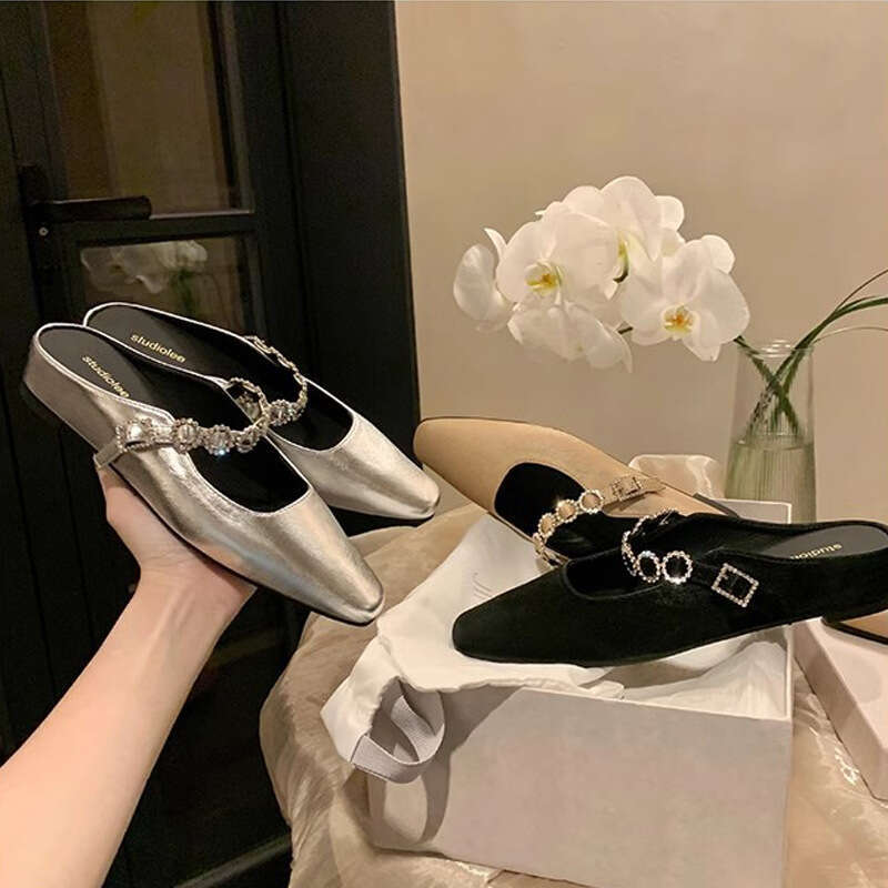 Grape Mom Summer New 4cm Hidden Heel French Square Toe Strap Shallow Mouth Versatile Mules for Women