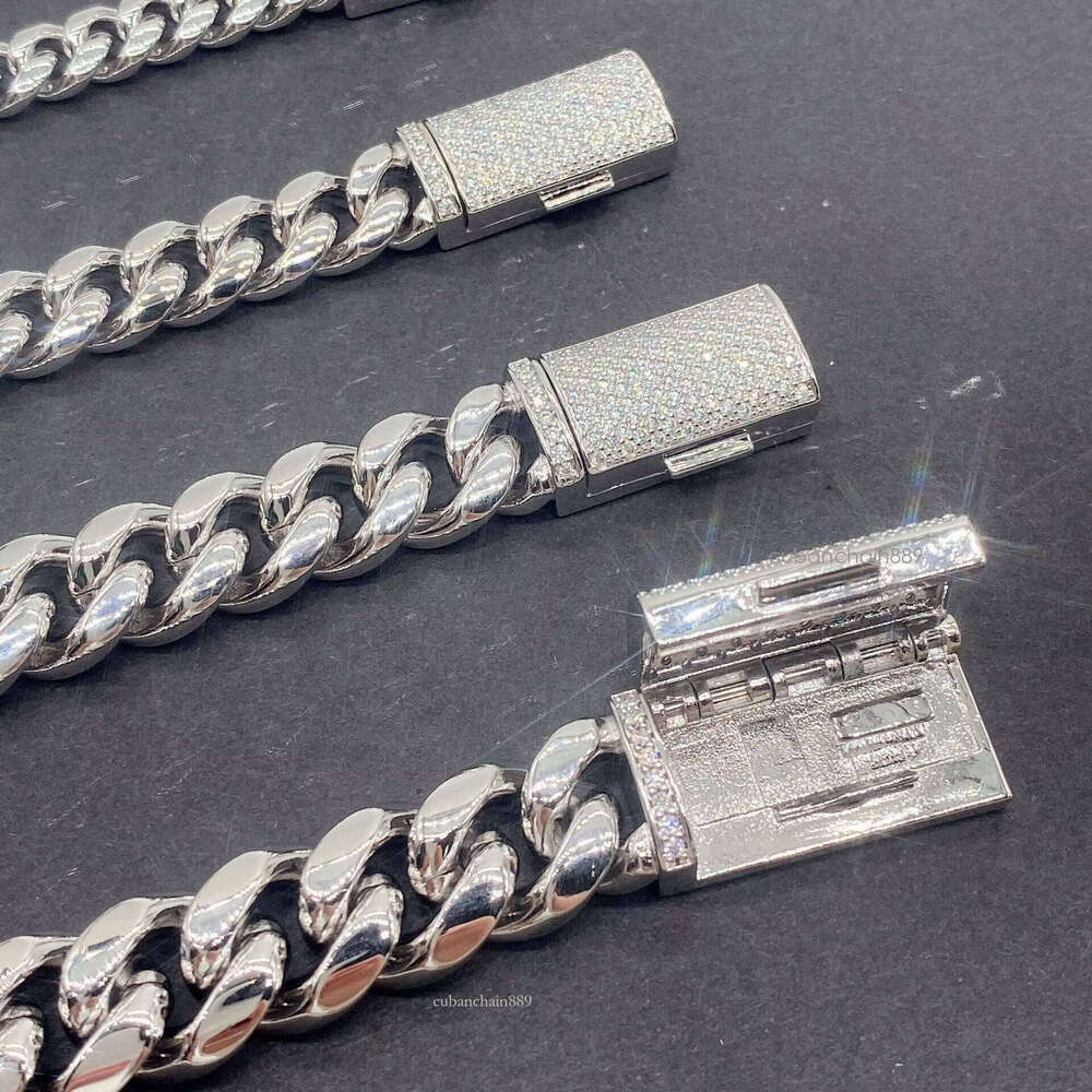 Iced Out Fashion Jewelry 12mm 14mm Cuban Chain Vvs Moissanite Dia Buckle Necklaces Inlaid S Sterling Sier Gift Box 1pcs
