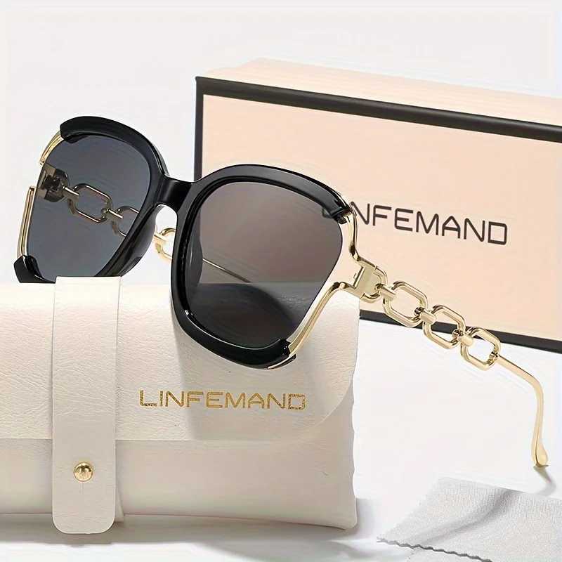 LINFEMAND Classic Half Frame Metal Chain Design Fashion Sunglasses Womens Large Frame Decorative Glasses Summer Festival Gift Z250527