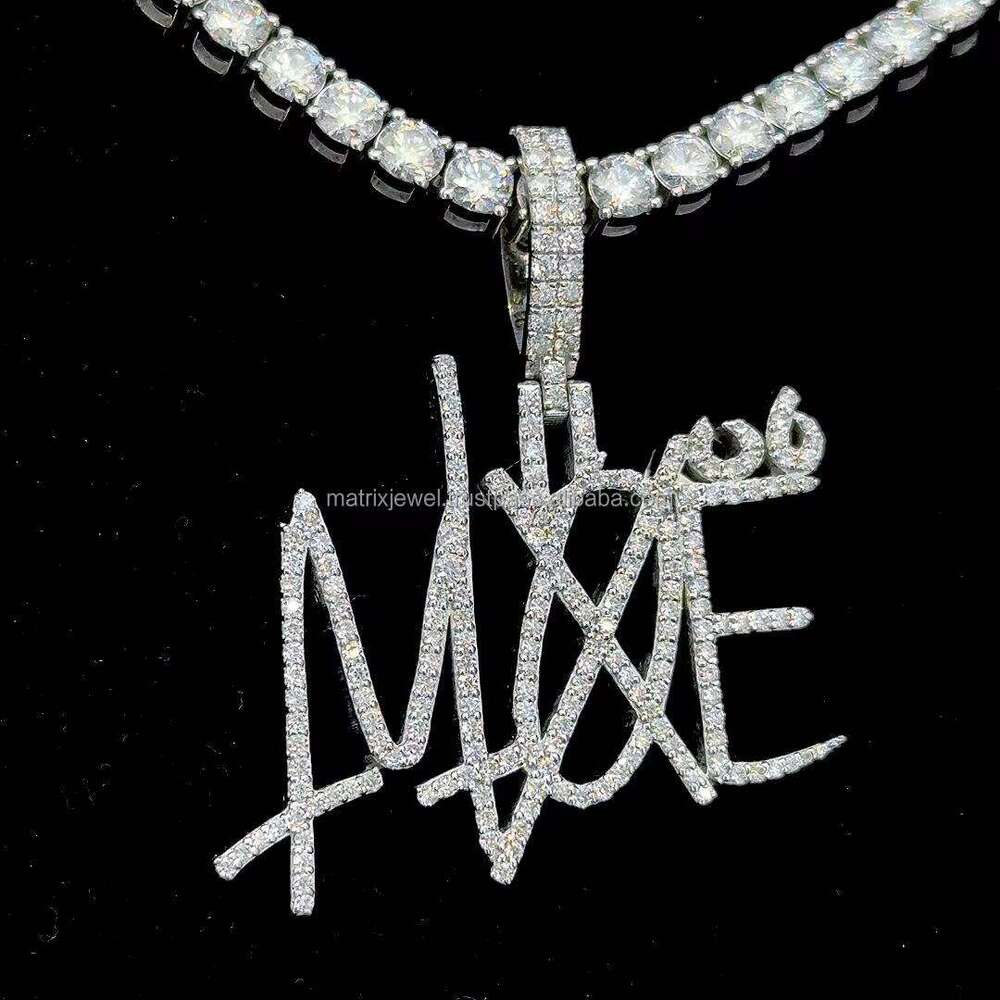Classic Single Layer Name pendant Iced Out in Sterling Sier white plated Round Cut Moissanite Dias Pendant