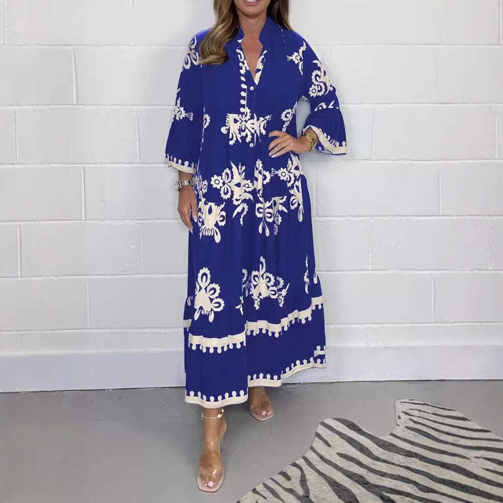 2025 Women's New Elegant Printed Stand Collar Waist-Cinching Dress