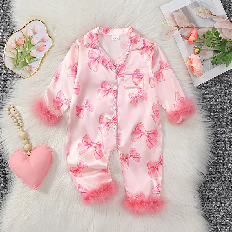 MISOWMNJOY Satin Baby Girls Pajamas Spring Long Sleeve Bow Print Furry Patchwork Button Closure Jumpsuit Sleepwear Loungewear 250527