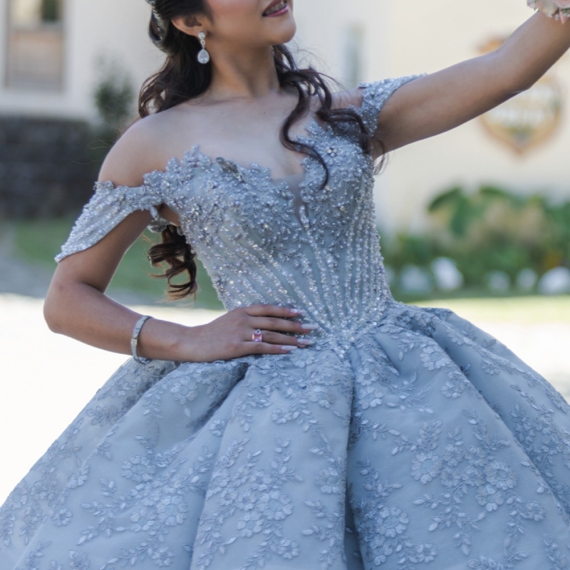 Blue Quinceanera Dresses Ball Gown Off The Shoulder Applique Lace Beading Tull Party Birthday Sweet 16 Dress Vestidos 15 Anos