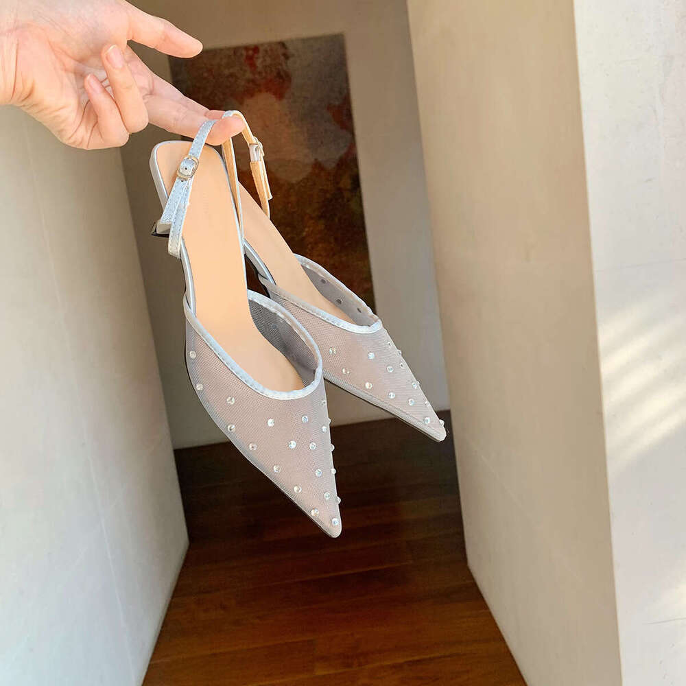 Sheepskin Version ~ Grape Mom Rhinestone Pointed Elegant High Heels Mesh Breathable Backless Single Shoes Women's Closed Toe Sandals