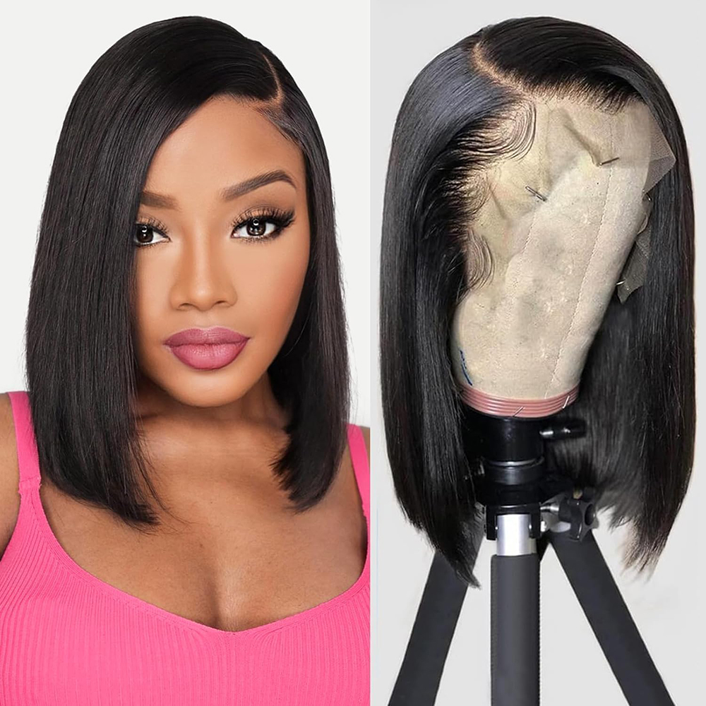 Black Bob Lace Front Wig Brazilian Simulation Human Hair Straight Wigs For Black Women Pre Plucked Short Natural 13x4 Straight HD Lace Front Closure S