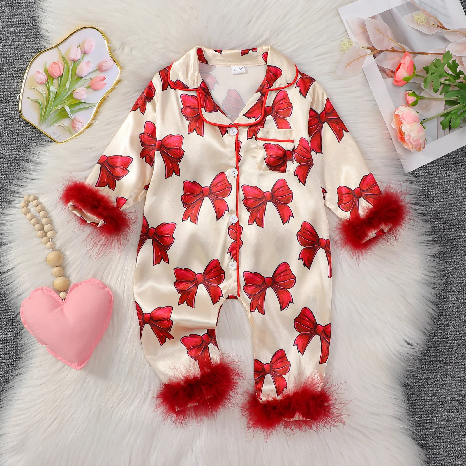 MISOWMNJOY Satin Baby Girls Pajamas Spring Long Sleeve Bow Print Furry Patchwork Button Closure Jumpsuit Sleepwear Loungewear 250527