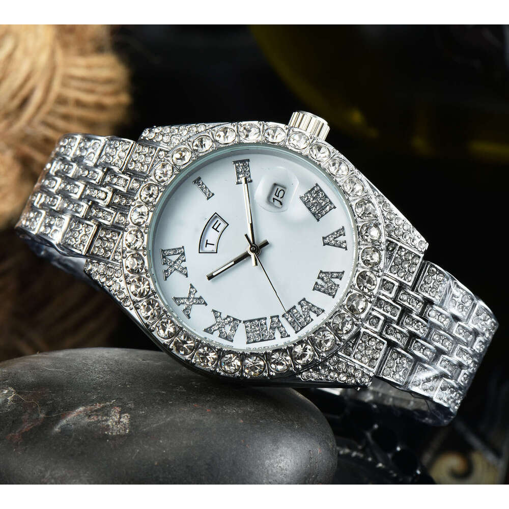 New Men's with Full Diamond Decoration, High Brand Name, Smart Dual Calendar, Waterproof Quartz Watch