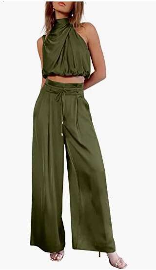 2025 New Women's Two-Piece Set Summer Casual Sleeveless Turtleneck Crop Top Wide-Leg Pants