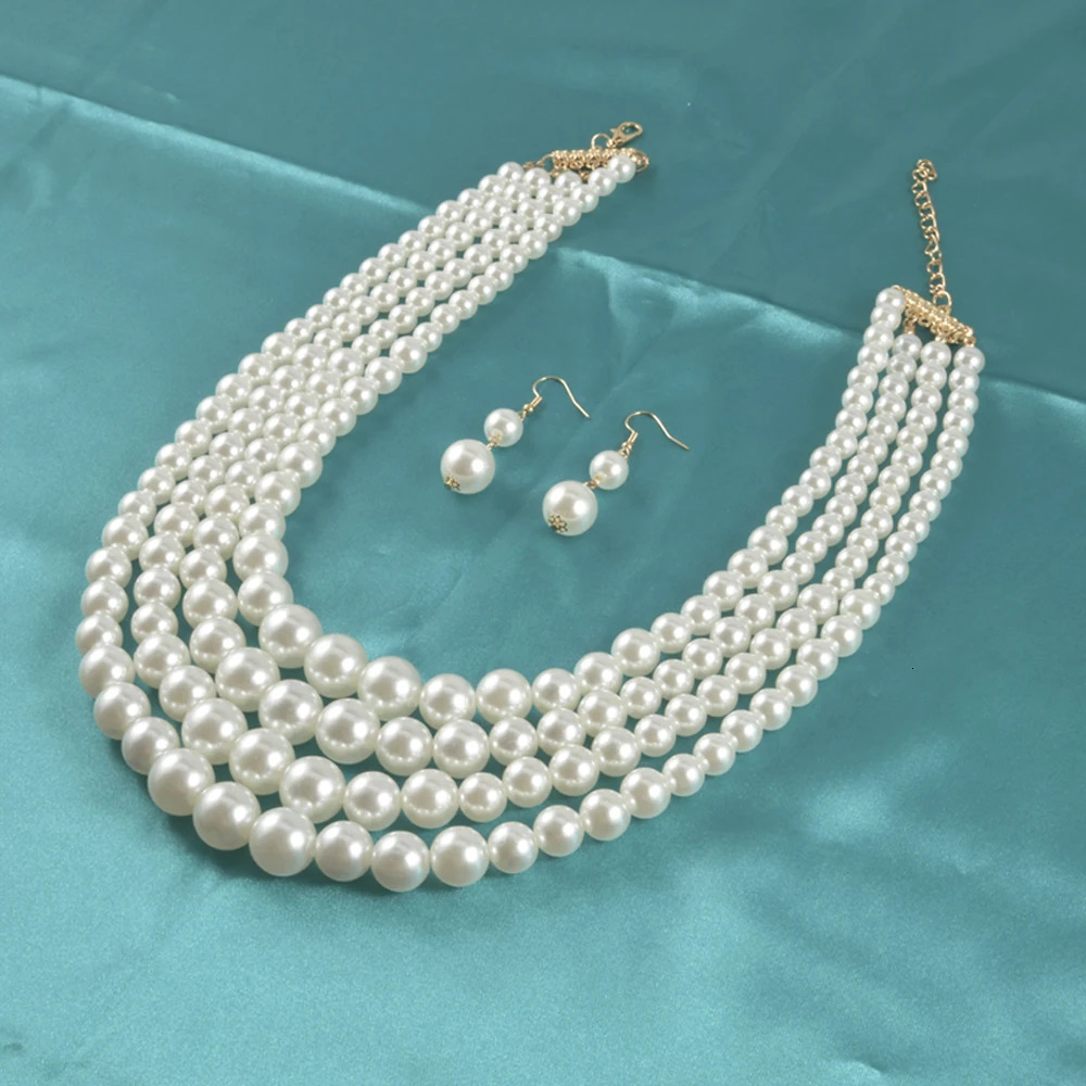 Vintage Baroque Style Round Pearl Necklace Dangle Earrings Jewelry Set Multi Strands Necklace Party Favors For Women 250522