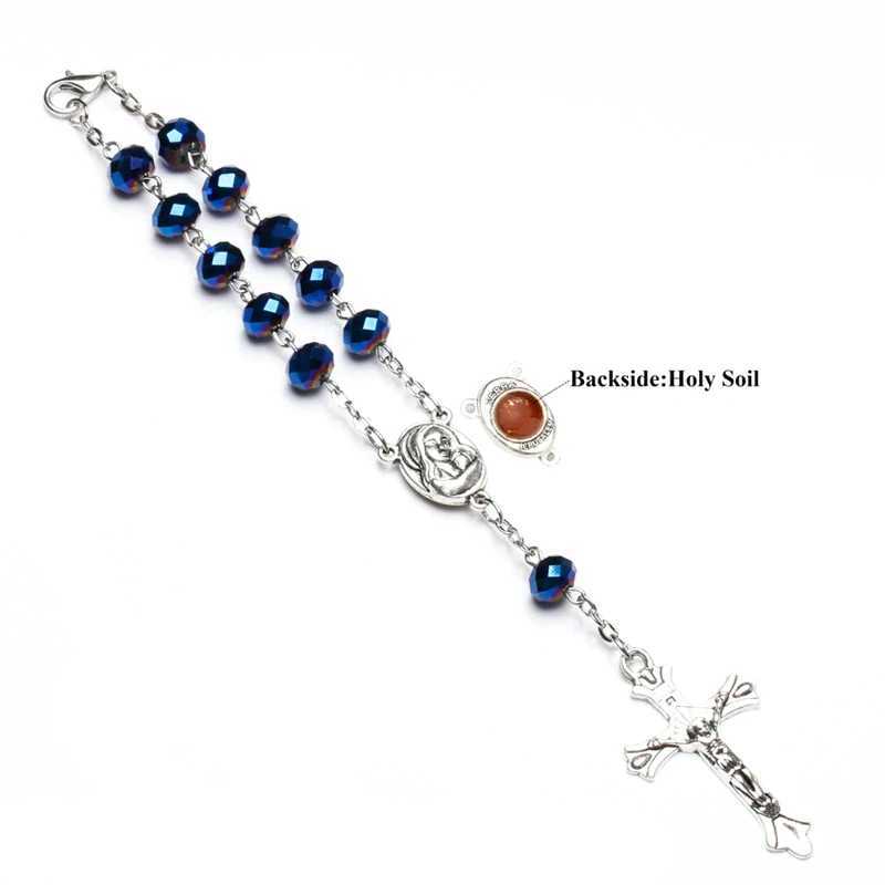 QIGO Blue Crystal Rosary Bracelet Cross Women Catholic Jewelry Gifts W250526