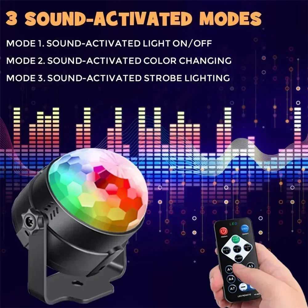 RGB LED Stage Disco Light Rotating DJ Ball Strobe Remote Sound Control Magic Dance Car Christmas Gift Party Club Laser Show Lamp XJ250527