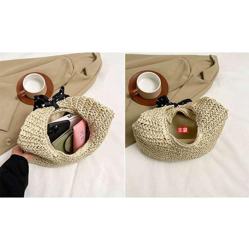 Women's Bags Designer Bird's Nest Beach Simple Bow Handle Straw Handbag Seaside Vacation Woven Versatile Hand-Held Shoulder Bucket Bag
