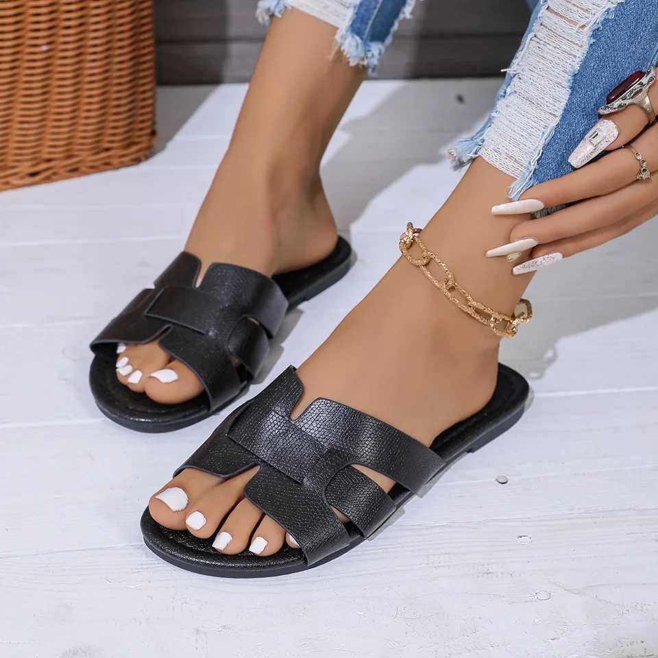 Womens Black Flat Slippers Open Heel Sandals Casual Beach Shoes Indoor Outdoor Wear Comfortable Slip-On FootwearXJ250527