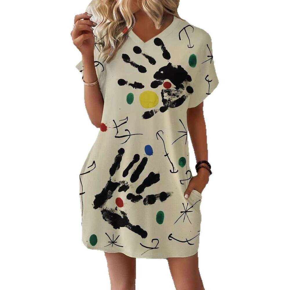 2025 New Printed Women's Fashion Casual Short Sleeve V-neck Pocket Dress for Women