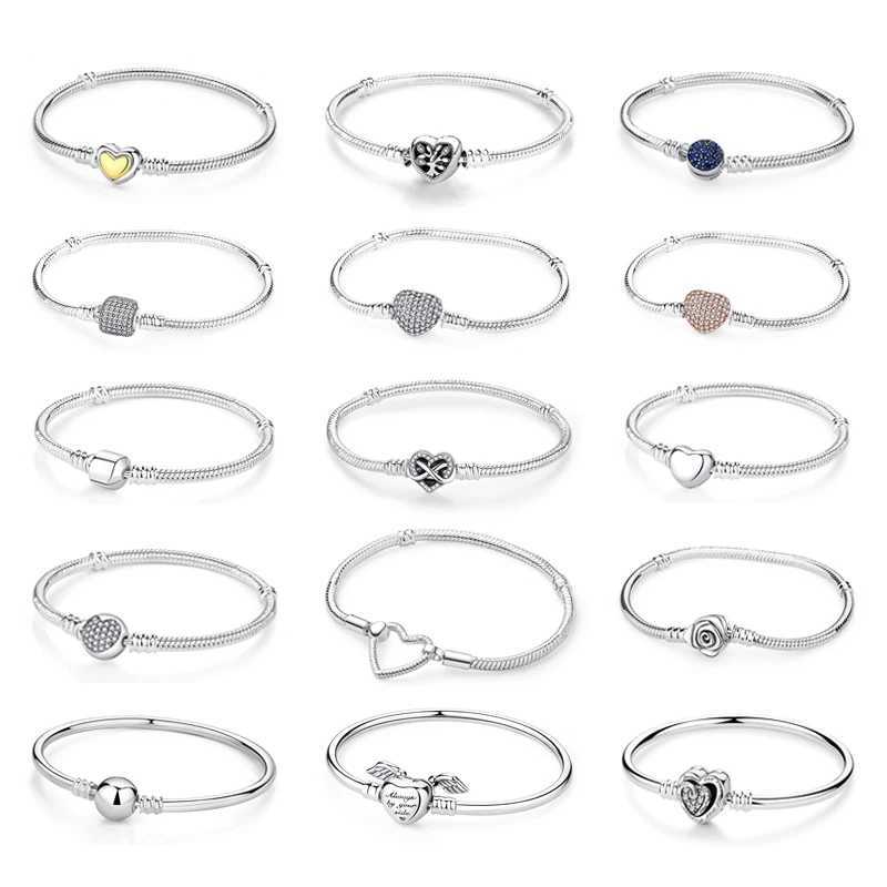 Original 925 Sterling Silver Bracelets Bangles Love Heart Clip Charms Beads Snake Chains For Women Rose Gold DIY Luxury Jewelry W250526