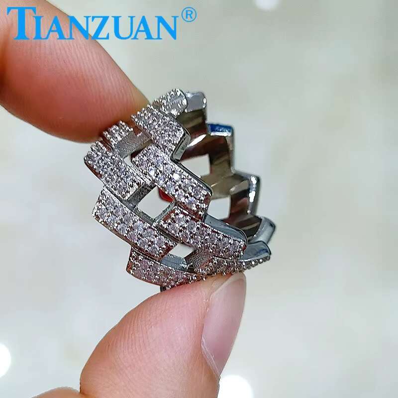 14mm Sterling 925 Silver Two Rows Solid Hip Hop Moissanite Ring Men Women Round Brilliant Diamonds Engagement Male Jewelry