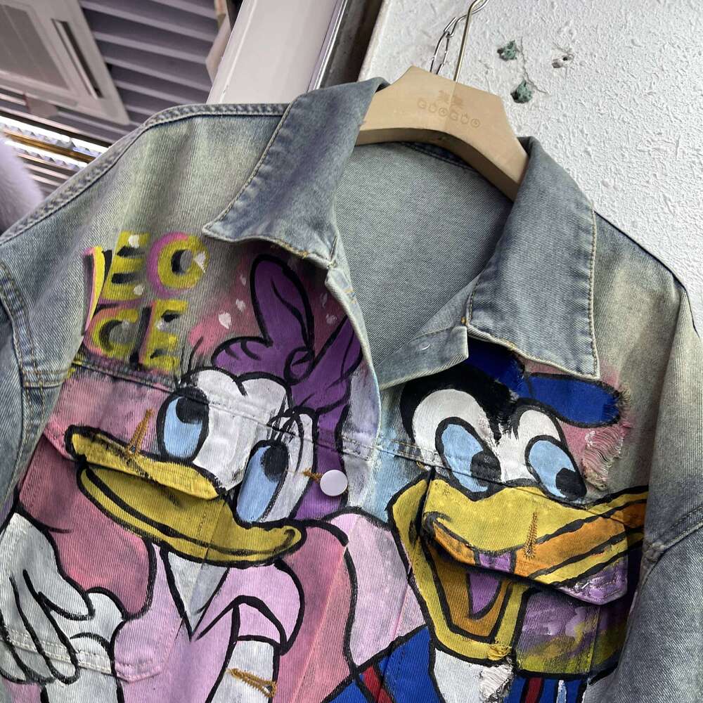 Autumn Hand-Painted Graffiti Denim Jacket Loose Mid Length Cartoon Printed Top Street Fashion Made Old Ripped Jackets For Women