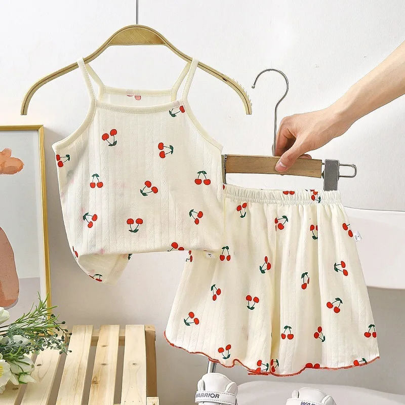 Children Suspender Set Summer Girls Cotton Pajamas Vest Shorts Cartoon Sleeveless Cute Soft Sleepwear Cherry Print 2PCSSet 250527