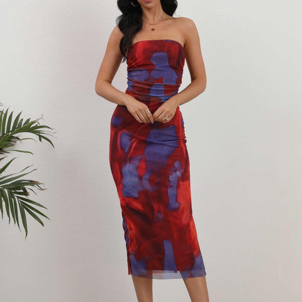 Women's Fashion 2025 Spring/Summer New Mesh Print Double Layer Sexy Side Slit Dress