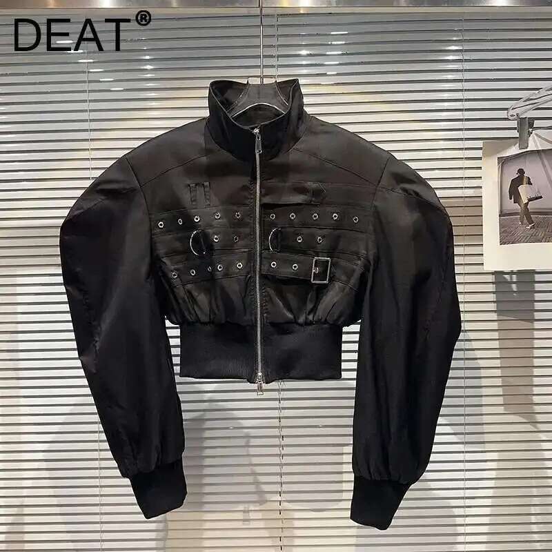 DEAT 2024 Autumn New Items Fashion Women's Strap Design Cargo Jacket High Street Shoulder Pad Stand Collar Short Coat 11A01002