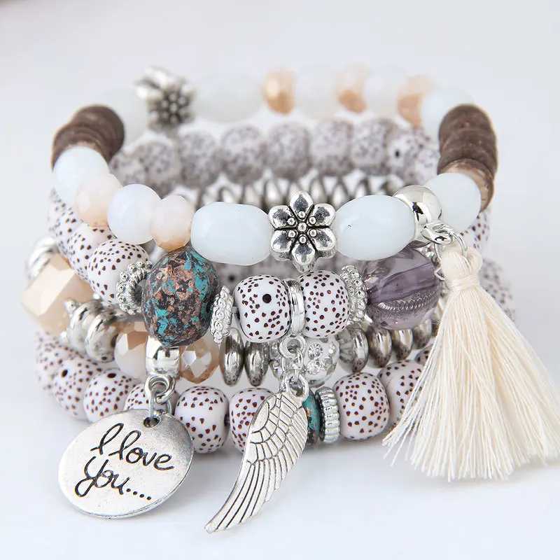 Bohemian Charm Beads Wrap Bracelets Bangles for Women Boho Flower Leaf Tassel Bracelet Multilayer Bracelet Femme 2024 New W250526