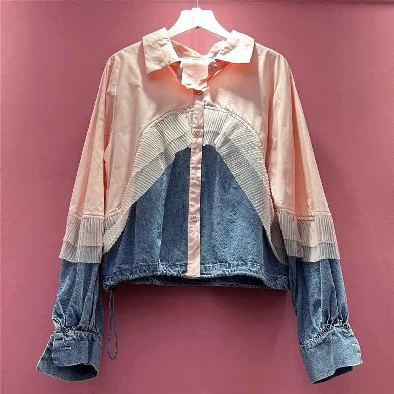 DEAT Womens Shirt Loose Patchwork Denim Drawstring Single Breasted Long Sleeve Casual Blouse Summer 2025 Fashion 29A760 250523