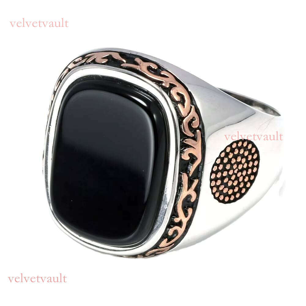 Real Pure Sterling Sier Jewelry Mens Retro Vintage Turkey Ring for Men With Natural Black Agate Stones