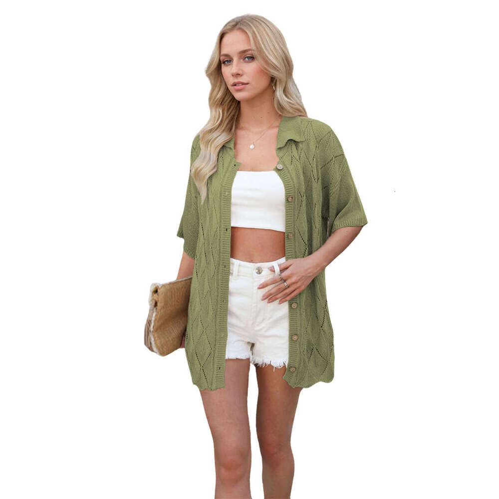2025 Spring/Summer New Women's Fashion Turn-down Collar Loose Casual Cardigan Short Sleeve Knit Sweater